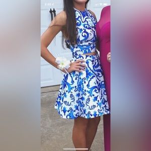 BLUE AND WHITE TWO PIECE PROM DRESS